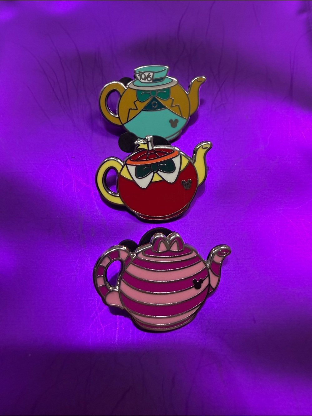 Disney Teapot Enamel Pin Set - Turquoise, Red & Pink